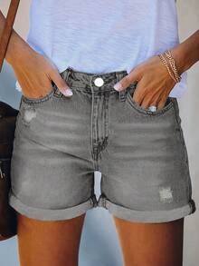Women's Casual Loose Solid Color Cuffed Denim Shorts, Versatile For Daily Wear Summer - Light Grey - View 2