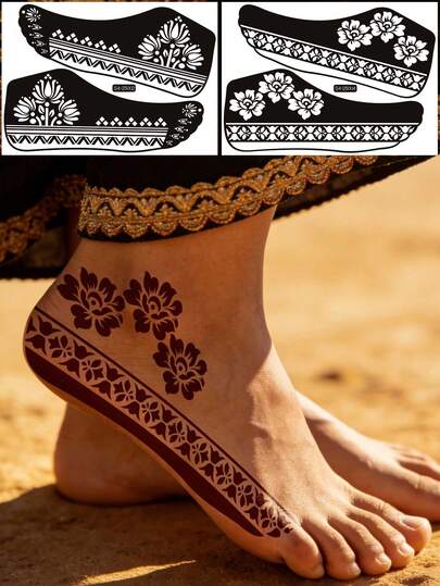 2pcs Tropical Style Ankle Temporary Tattoos, Includes Tropical Floral And Geometric Patterns, Suitable For Henna Art, Vacation And Parties, Easy To Apply Without Skills, Adding Exotic Flair And Personalized Details To Your Ankles