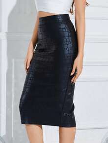 Falda midi elegante de mujer de piel sintética negra con estampado de cocodrilo y abertura, para primavera - Negro - Ver 1