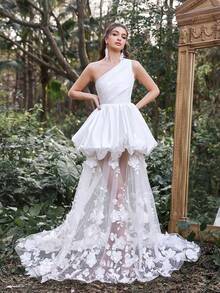 Faeriesty Vestido de noche elegante de línea A con un hombro, con decoración floral en cascada y dobladillo de gasa esponjoso, adecuado para ceremonia de boda, gala de etiqueta negra, alfombra roja, banquete formal y fiesta nupcial, color blanco primaveral - Blanco - Ver 3