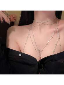 奢华金色水钻身体链，性感胸链+多层项链套装，派对晚宴内衣配饰 - 銀色 - 查看 5