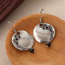 波西米亚风圆形孔眼吊坠耳环，手工创意珠宝，女士礼物 - 銀色 - 查看 3