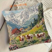 1pc 2D Retro Cow Ranch Spring Scene Pillow Cover, 18"X18" Soft Plush Cushion Cover, Single-Sided Printed, Suitable For Sofa And Home - Green - View 11