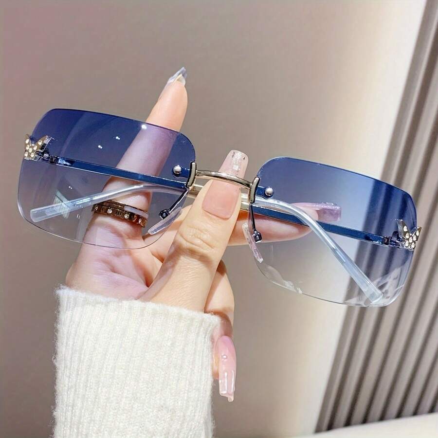 1PC Women's Metal Square Rimless Butterfly Glasses With Rhinestones, Candy Color, Y2K Fashion, For Vacation - Màu xanh lam - Xem 1
