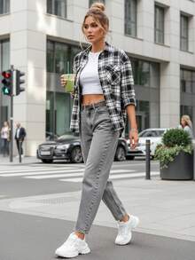 Women's High-Waisted Wide-Leg Jeans, Long Jeans With Five Zippered Pockets, Tapered Legs, Rounded Lines, Cotton-Spandex Blend Denim Fabric, Loose Fit At The Hips, Casual Street Style Trousers, Unique Cut. - Grey - View 2