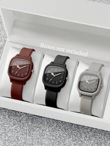 3只/套 女士硅胶手表，时尚休闲方形表盘石英腕表，经典款（不含表盒） - 彩色 - 查看 12