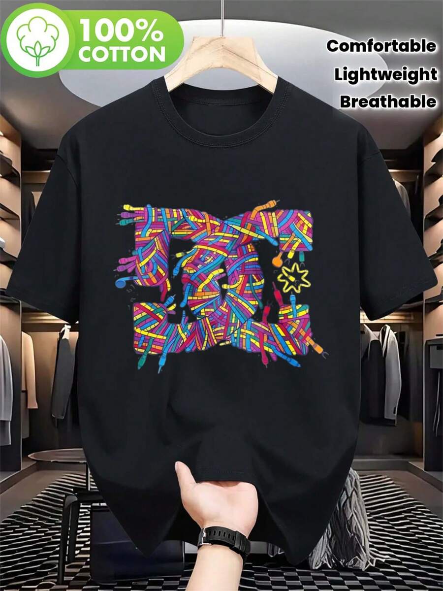 Camiseta Casual de Manga Corta para Hombre - Transpirable, de Secado Rápido, Suave, con Cuello Redondo y Estampado Gráfico de M Colorido, Camiseta Ligera de Verano para Atuendo Casual, Camiseta de Cuello Redondo para Uso Diario, Ajuste Cómodo - Negro - Ver 1