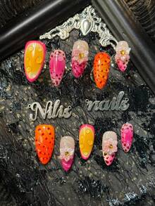 10pcs Handmade Pink Almond Shaped Artificial Nails Set, Includes 4 Sizes Removable And Reusable, Suitable For Holiday, Daily, Party, Gathering And Other Occasions, Comes With Jelly Glue And Nail File - Hot Pink - View 2