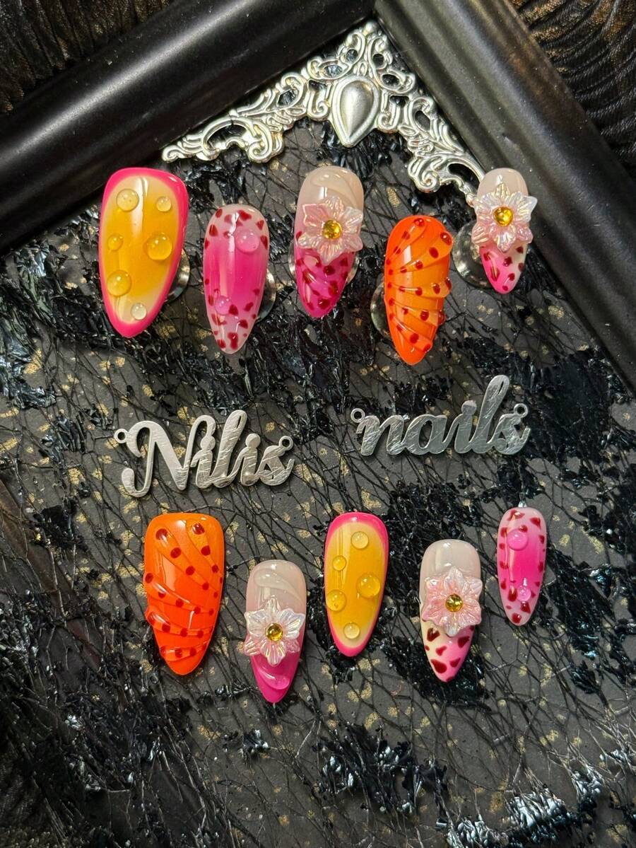 10pcs Handmade Pink Almond Shaped Artificial Nails Set, Includes 4 Sizes Removable And Reusable, Suitable For Holiday, Daily, Party, Gathering And Other Occasions, Comes With Jelly Glue And Nail File