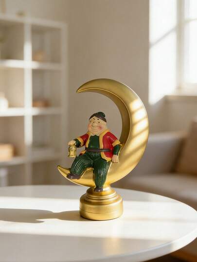 1 pieza Escultura de resina artística de media luna y anciano - Decoración dorada para el hogar para la entrada, consola y escritorio de oficina, ornamento de estilo bohemio encantador para el rincón de meditación y el alféizar de la ventana, decoración festiva de Ramadán para el centro de la mesa del comedor, artesanía de resina duradera para exhibición en interiores, regalo ideal para inauguración de casa, decoración festiva y cultural