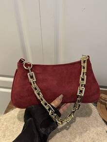 Gold Color Large Chain Soft Baguette Bag - Burgundy - View 9