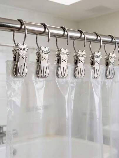 Cat-Shaped Shower Curtain Hooks, Heavy Duty Vintage Style Curtain Clips, Movable And Fixable For Shower Curtains