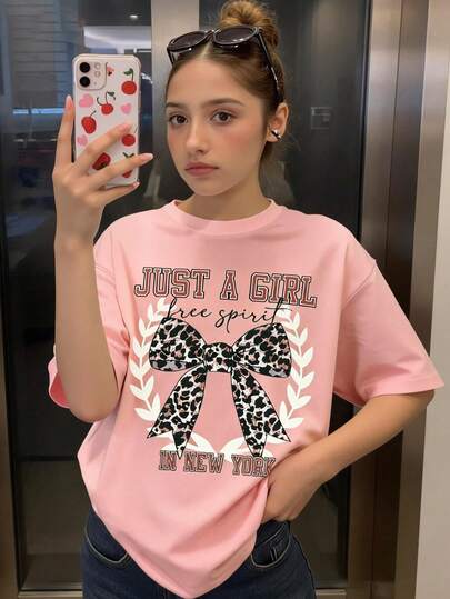 Teenage Girls' Cartoon Leopard Print Bow Graphic Short Sleeve T-Shirt, Comfortable Round Neck Tee Tops For Teenage Girls In Summer