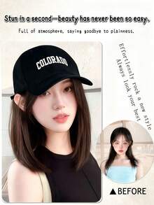 Synthetic 12-Inch Winter Integrated Baseball Cap, Cold-Resistant Wig Hat, Brownish Black Medium-Long Straight Hair With Black Cap, Adjustable, For Women - Multicolor - View 3