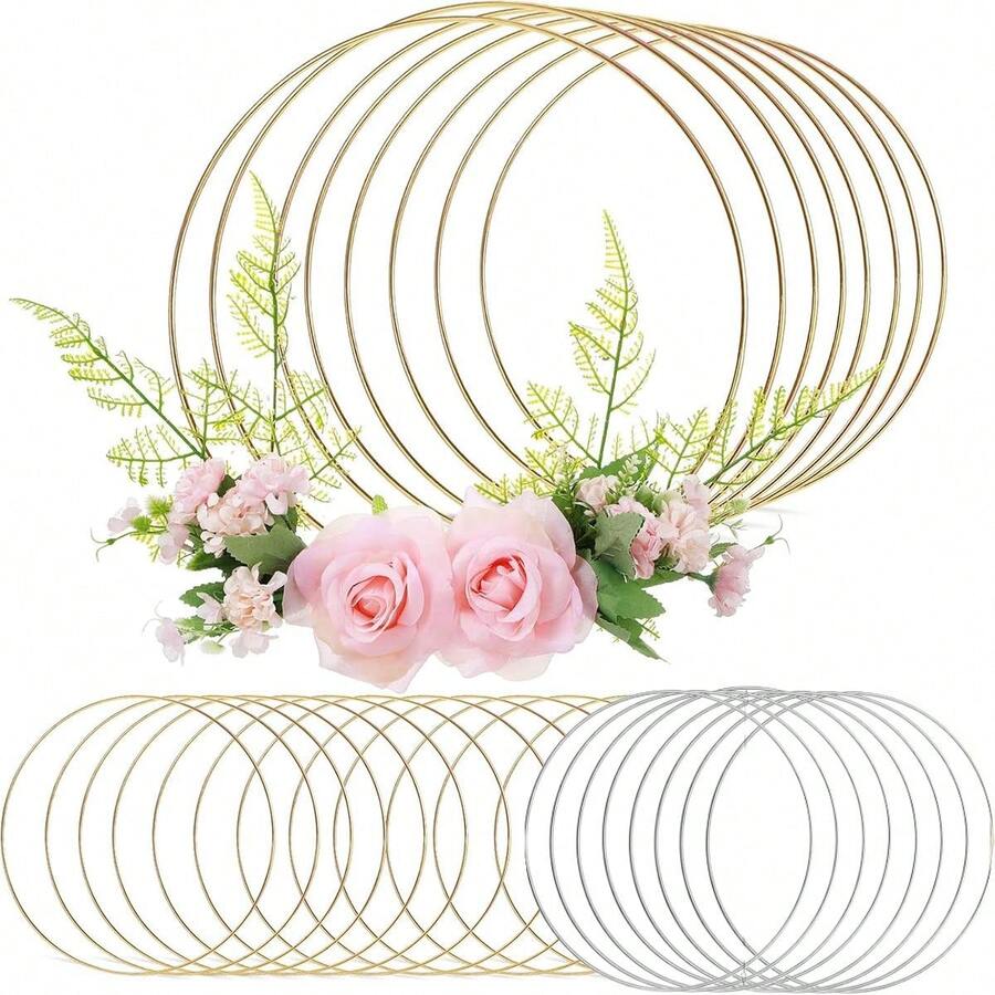 10pcs Metal Floral Hoop Rings, Gold & Silver Lace Dreamcatcher Rings Wholesale, Suitable For Handmade Flower Wreaths, DIY Wedding Birthday Wreaths, Dreamcatchers, Wedding Wall Decor, Floral Tassel Wall Hangings, Wedding Wreath Decorations - View 1