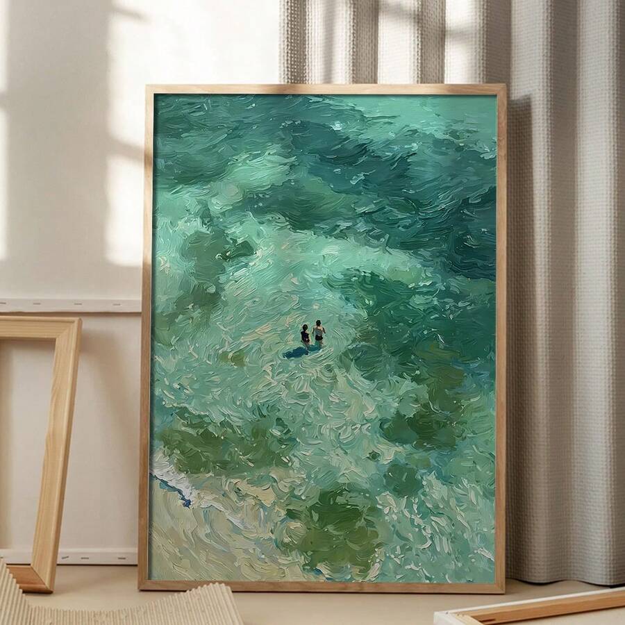 单幅无框帆布海报，绿色抽象油画印刷品 | 双人游泳主题艺术品 | 绿松石色调绘画 | 绿色墙面装饰艺术 | 绿色极简主义艺术 - 彩色 - 查看 1
