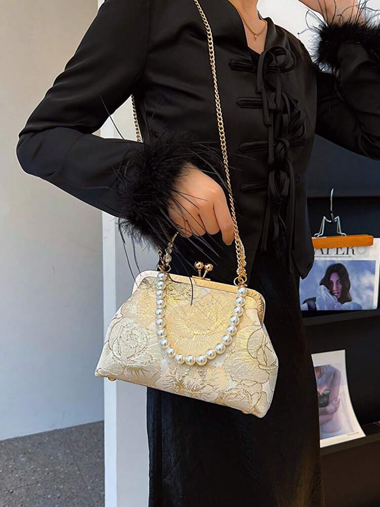 New Chinese Style Cheongsam Handbag, Elegant Formal Evening Clutch Bag, Pearl Decor Shoulder Bag - Khaki - View 5