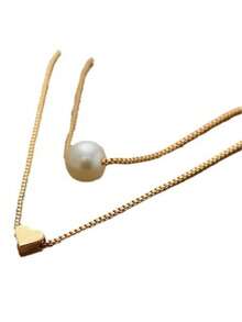 1件时尚简约精致双层心形珍珠项链，适合女士日常佩戴 - 金黃色 - 查看 3