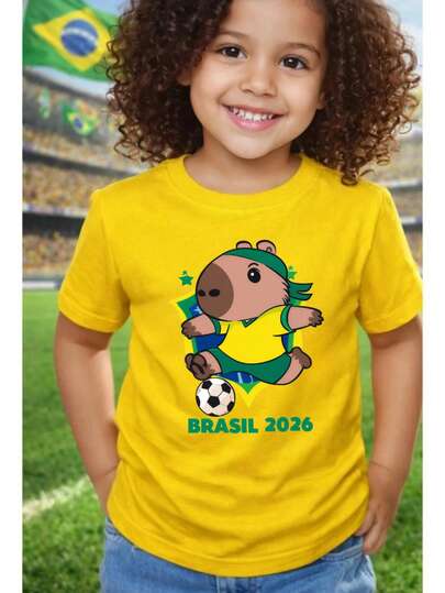 T-Shirt Infantil Meninas Blusa Capivara Brasil Copa 2026 Camisetas em Algodão Confortavél Manga Curta