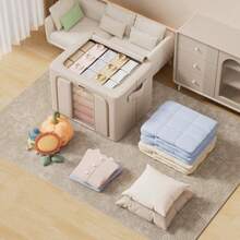 1pc Large Capacity Fabric Storage Box, Multi-Functional Foldable Clothes Storage Bin With Zipper & Transparent Window, Dustproof & Moisture-Proof Wardrobe Organizer Box With Dual Handles & Bidirectional Zipper, Built-In Steel Frame For Sturdiness, Suitable For Clothes, Room, Wardrobe, Dorm, Holiday Storage - Beige - View 3