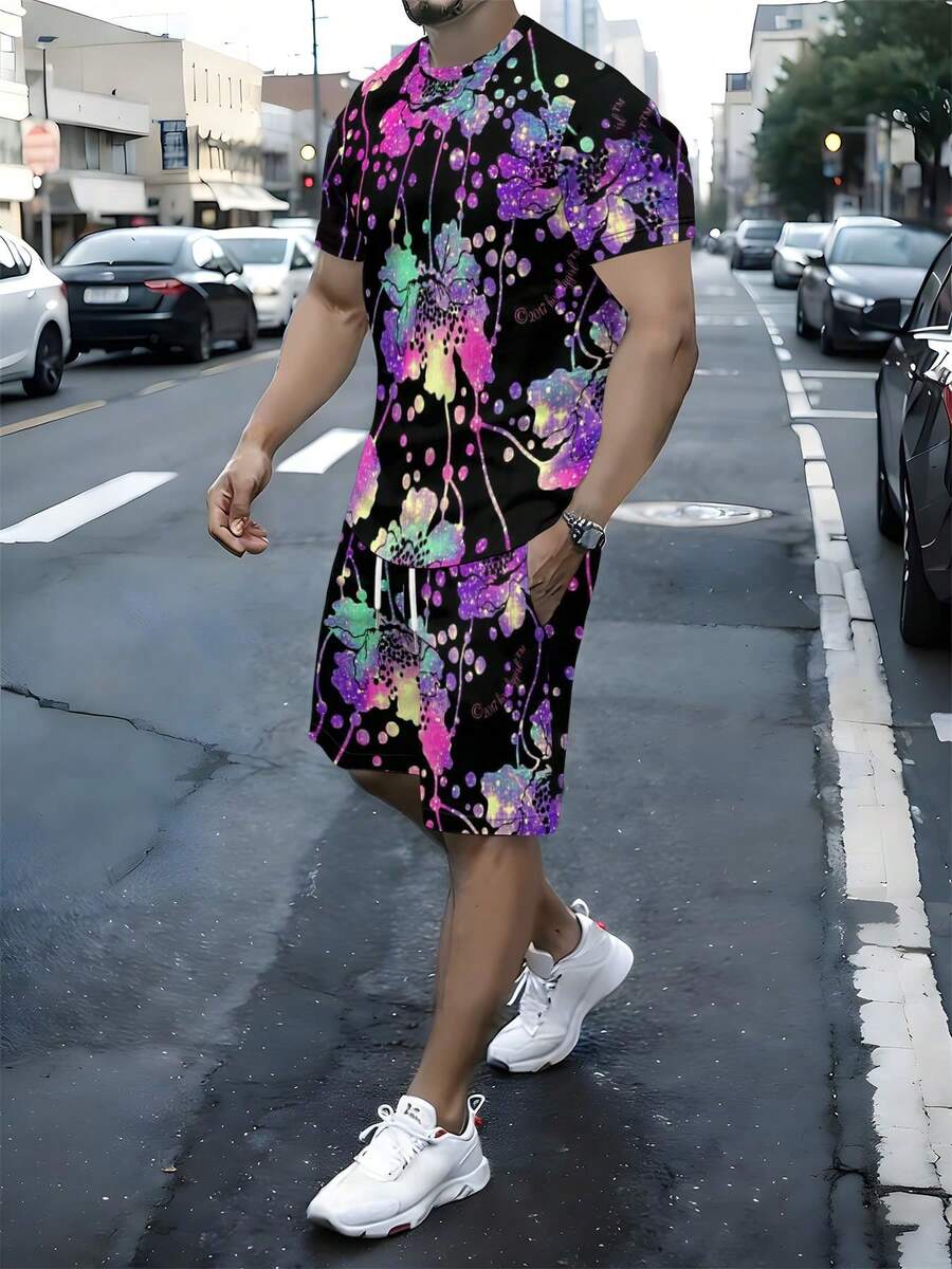 Two-Piece, Brilliant And Eye-Catching, Knitted Fabric, Vibrant Color, Men's Social Gatherings, Summer Outdoor Camping, Black Background With Colorful Floral Pattern, Men's Short-Sleeve Beach Pants Set - 彩色 - 查看 1