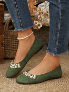 Women's Spring Rhinestone Casual Flat Loafers, Comfortable Breathable Slip-On Boat Shoes For Office Wear - Green - View 1