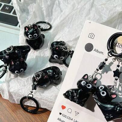 1pc Cute 3D Pose Black Cat Pendant Charm, Adorable Big-Eyed Kitty Star Keychain, Cartoon Friendship Small Gift, Bag Accessory