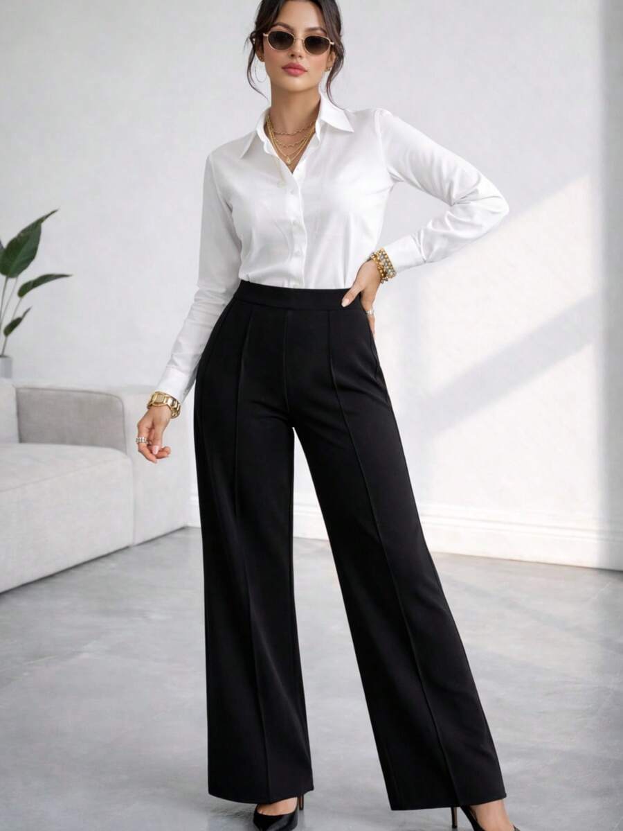 Conjunto 2 piezas blusa cuello camisero manga larga pantalon pierna ancha cintura alta elegante oficina - Blanco y Negro - Ver 1
