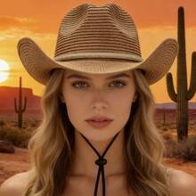 Hollow Western Cowboy Hat Combines Straw Material With Retro Design. It Has A Wide Brim And A Classic Hat Shape. It Has Both Sun Protection And Style. It Is Suitable For Summer Travel, Beach Parties Or Theme Activities, Showing The Free And Unrestrained Western Style And Personality Declaration. - Brown - View 2