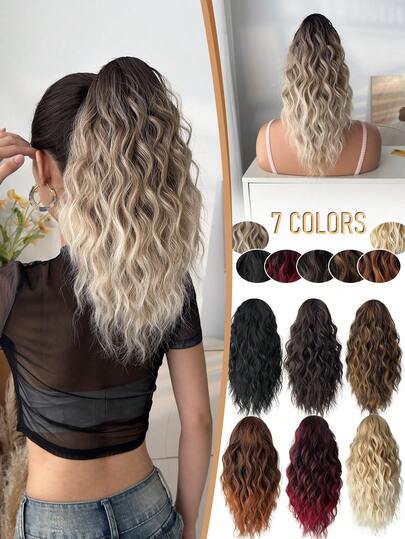 16-Inch Long Wavy Heatproof Synthetic Fiber Ponytail Hair Clip, In Gold, Burgundy, Orange, Ombre Brown, Suitable For Women For Christmas, Halloween, Music Festival Parties And Daily Use