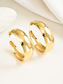 1 par de pendientes de aro exagerados y anchos, diseño de círculo a la moda adecuado para uso diario - Dorado - Ver 4