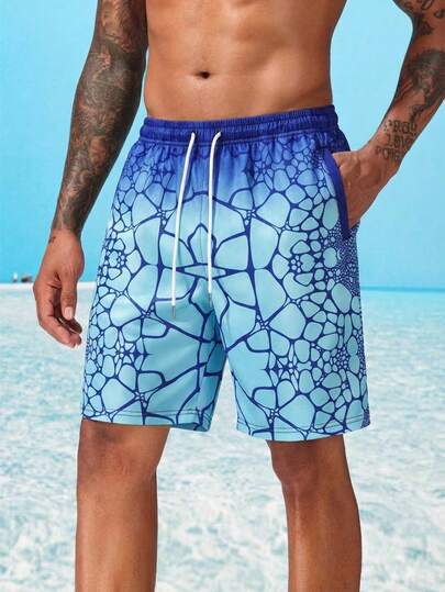 1 pieza Pantalones cortos casuales azules para hombres, pantalones cortos de playa sueltos y cómodos con cordón en la cintura, estampado degradado azul agrietado, adecuados para vacaciones de verano en Hawái, salida a la playa