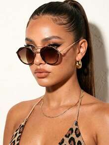 1 Piece Women's Brown Leopard Print Aviator Sunglasses, Retro Style, Exclusive Design, Daily Use, UV400 - In động vật - Xem 3