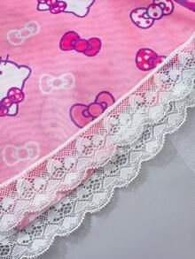 SANRIO 两件套女士粉色可爱数字印花睡衣套装，包括粉色V领上衣和短裤，饰有撞色蕾丝边，性感睡衣套装 - 粉色 - 查看 9