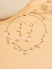 一套优雅女士珍珠项链耳环首饰套装，金色树枝造型组合首饰，精致珍珠流苏吊坠耳环和项链，适合作为婚礼新娘和伴娘的礼物 - 金色 - 查看 5