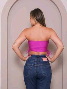 Women's Cropped Top With Band And Tie With Suplex Cup Strapless Blogueirinha One Size - Fits Sizes 36 To 42 - 玫瑰紅 - 查看 3