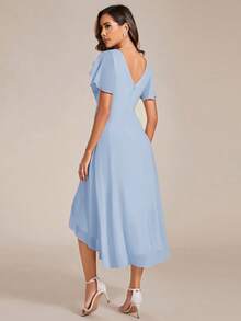 Women's Elegant High-Low Hem Chiffon Bridesmaid Dress, V-Neck Ruffle Sleeve, Light Blue Bridesmaid Dress, Summer Wedding Guest Dress - Baby Blue - View 2