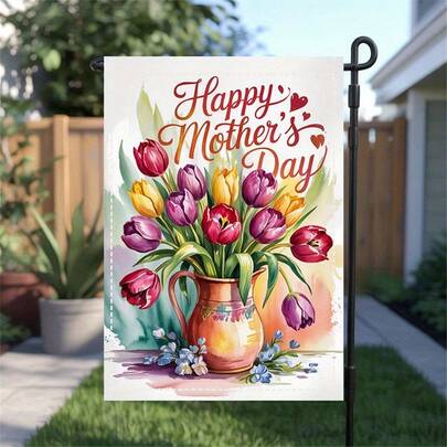1 pieza Bandera con ramo de flores acuarela para el Día de la Madre, de poliéster lavable, diseño floral vívido con texto "Feliz Día de la Madre", apto para césped, porche o jardín (asta no incluida), decoración del Día de la Madre, decoración de jardín, bandera de jardín vívida, bandera exterior duradera