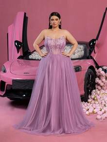 Faeriesty Elegante vestido de gala sin tirantes con falda de tul voluminosa y con volantes en capas y cola de barrido - Diseño sofisticado y lujoso para cenas formales de noche, atuendo de invitada de boda, retratos nupciales, eventos de alfombra roja, ocasiones de gala de lujo y fiestas de primavera - Púrpura malva - Ver 7