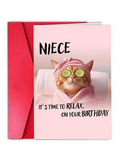 1pc,Funny Niece Birthday Card, Cat Spa, 'Relax On Your Birthday' Blank Inside With Envelope