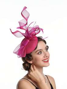 女士羽毛花朵网纱教堂德比礼帽，适合鸡尾酒会、茶会、婚礼等场合，一件装 - 多色 - 查看 23