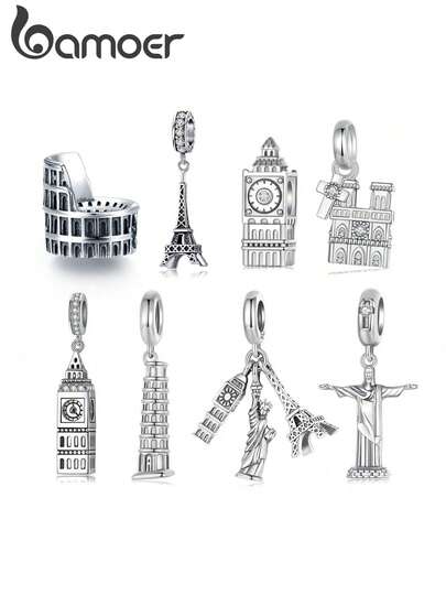  Bamoer 925 Plata de Ley Vintage Serie de Monumentos Emblemáticos Torre Eiffel/Big Ben Colgante de Viaje, Adecuado para Mujeres/Niñas, Se Puede Usar para Pulsera, Collar Joyería DIY