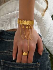 1pc Vintage Versatile Hollow Carved Multi-Layer Coin Decor Hand Chain For Women - I - View 5