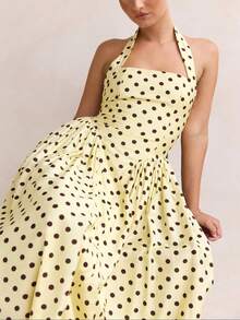 Women's Halter Maxi Dress Polka Dot Square Neck Sleeveless Backless Fitted Waist Flared Long Dress With Pockets Vintage Bohemian Summer Spring Beach Vacation Casual Party Elegant - Màu vàng - Xem 3