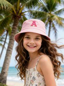 1pc A-Z Letter Print Sun Hat, Kids Bucket Hat Unisex Beach Hat UV Protection - Pink - View 4