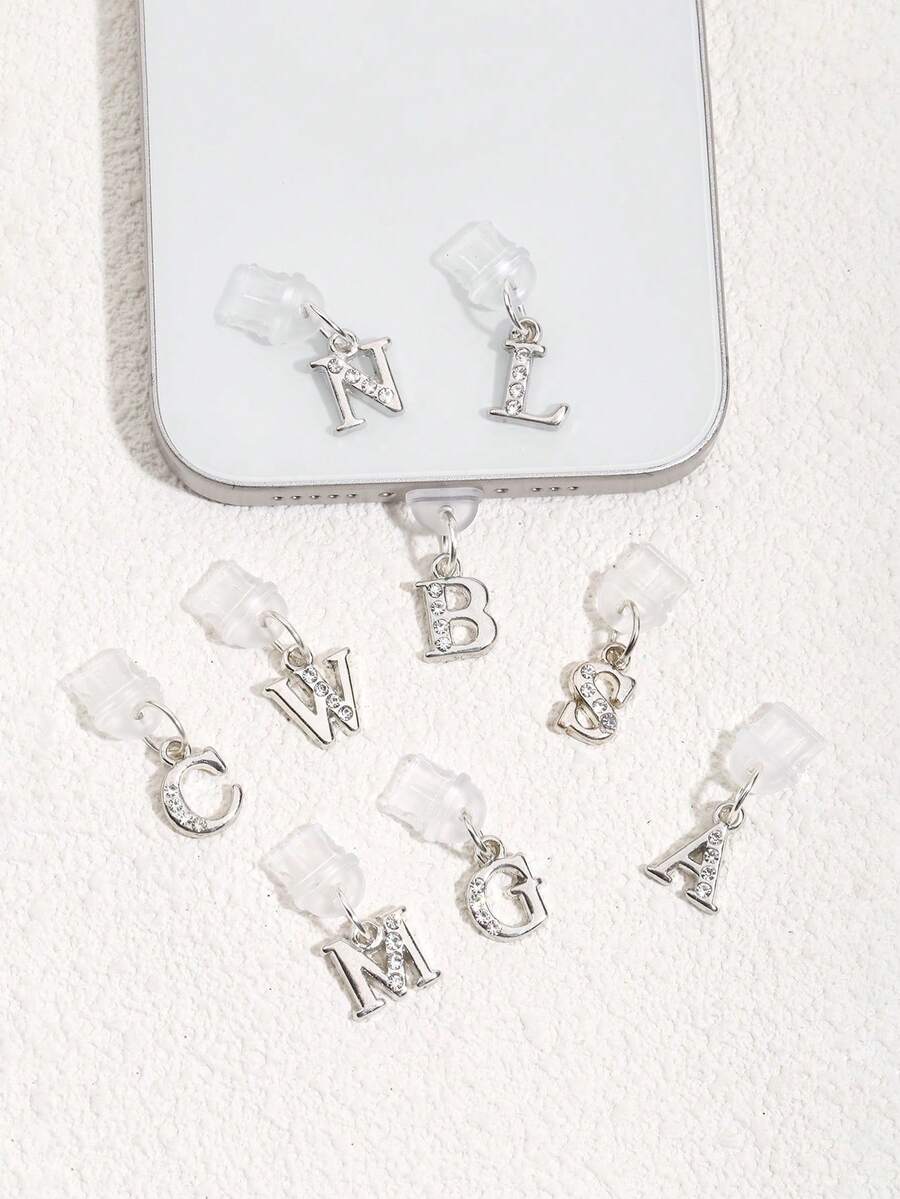 Cute Sparkling Rhinestone Letter Dust Plug Pendant Suitable For Type-C Interface Shiny Phone Accessory For Girls Birthday Gift Party - Silver - View 1