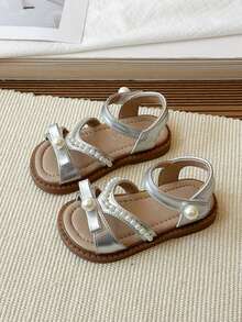 1 Pair Silver Cute & Fashionable Design With Massage Pad Soft Bottom Non-Slip Flat Sandals, Suitable For Toddlers, Spring/Summer/Autumn/Winter - Silver - View 3