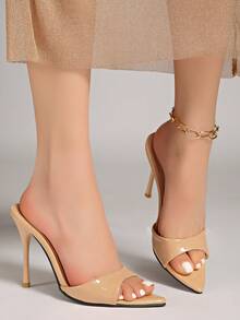 New Sexy High Heel Shoes Women Pointed Toe Lacquer Leather Mules Sandals Slip-On - Nude - View 6