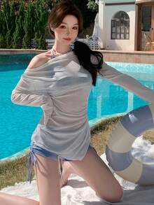 3pcs Set Of Simple Blue And White Summer Tie-Dye Style, Long-Sleeved Side Drawstring Lace, Beach Blouse Wrap, Bikini Suit, Neck Bra, Drawstring Shorts, Women'S Fashion Split Swimsuit Clothing, Gather Chest,, Swimming Vacation - 象牙白 - 查看 3