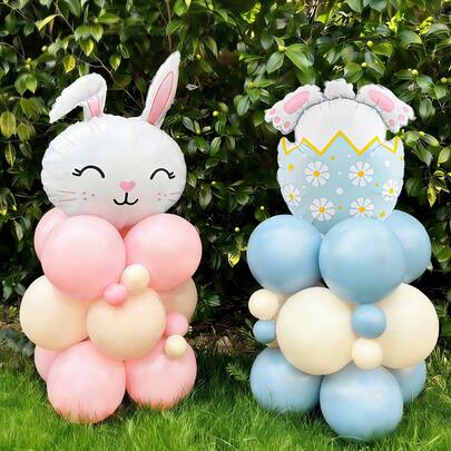 27pcs Easter Bunny Balloon Columns, Includes Floppy Ear Bunny Balloons, Egg Shell Bunny Balloons, Latex Balloons, Suitable For Easter Theme Party, Birthday Decoration, Bunny Theme, Baby Shower, Spring Party Supplies